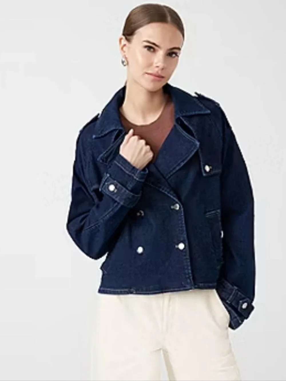 RM Rebecca Minkoff Double Breasted Cropped Denim Trench Jacket Sz LG NEW